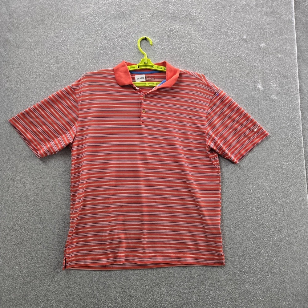 Nike Men‎ Polo L Red Striped Dri-Fit Golf Shirt Button Logo Short Sleeve